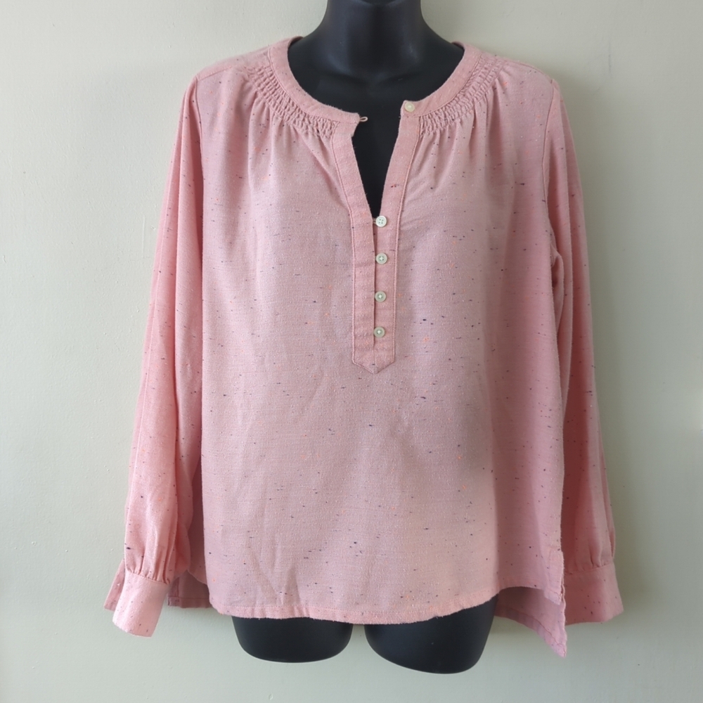 Loft Pink Speckled Long Sleeve Pop Over Shirt Cotton Blend Size Medium Preppy